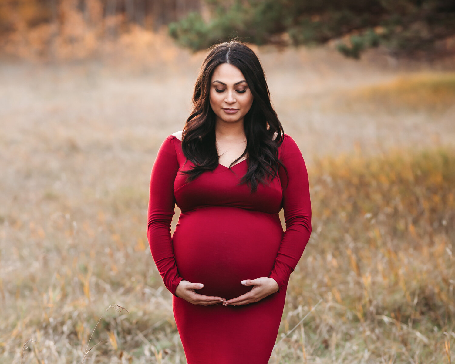  Pregnant woman looking down at belly in gorgeous scarlett maternity dress in Birds Hill near WInnipeg 