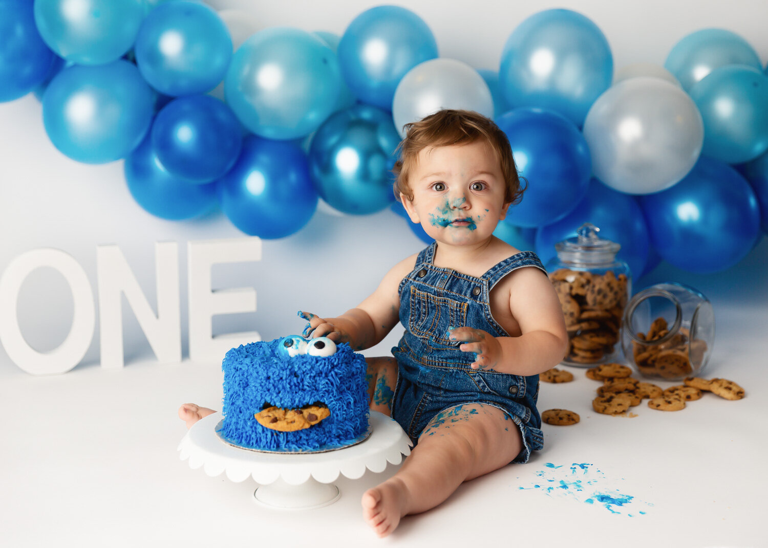  Adorable boy in denim overalls having cake smash with cookie monster theme in Winnipeg photography studio 