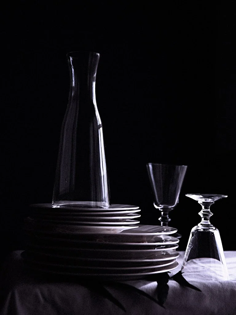 still life photography #OdetteAndOdile #BallAtTheSwanLakeCastle #TableSet #Plates #WineGlasses #Decanter #Glassware #SophiaTerraZiva