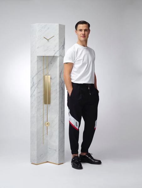Lee Broom with Time Machine Grandfather Clock. Photo credit Arthur Woodcroft.