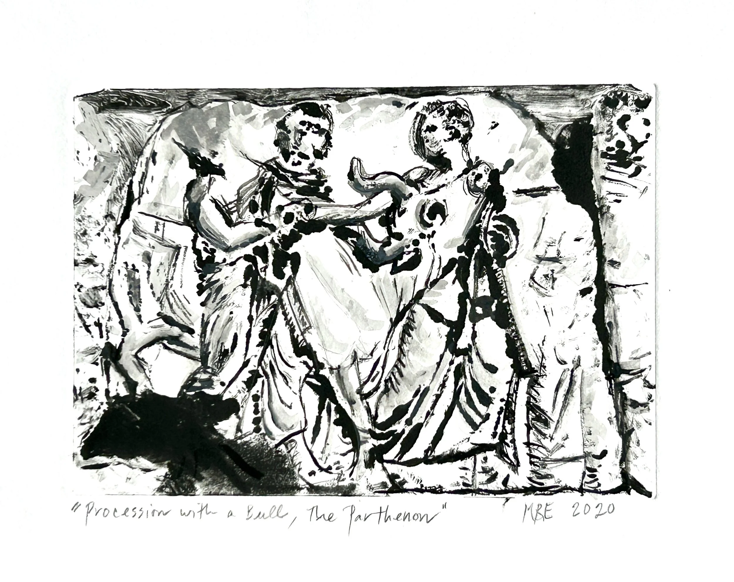 Procession with a Bull, The Parthenon [Elgin Marbles], with Watercolor Wash - v2, 2020 