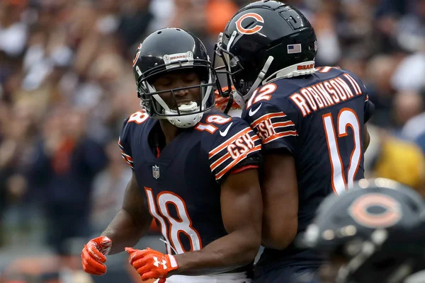 Bears receivers Taylor Gabriel and Allen Robinson celebrates after a score against the Tampa Bay Buccaneers. (Sept. 29, 2018 - Source: Getty Images North America)