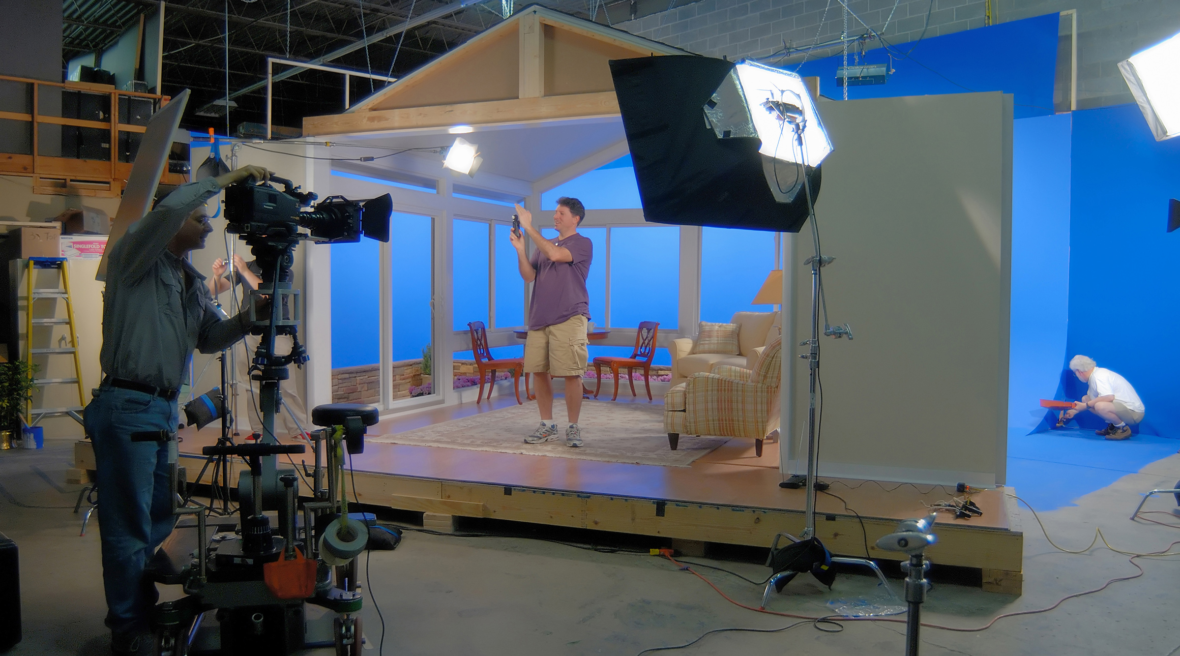 The set/model/miniatures shop has many of the same features as the insert stage (especially the “no air conditioning” part - though since it’s back by the dock doors we can open it up and blow some air around). We’ve built a number of sets back here – an attic for Radiaflect, a sunroom, patio and garden for Owens Corning, a 300% scale gutter and house corner for Dixie GutterGuard… and the construction work to build the sound studio and the video edit suite. Are we too obsessive about doing so much in-house? Maybe. Does that obsession benefit our clients? Absolutely.
