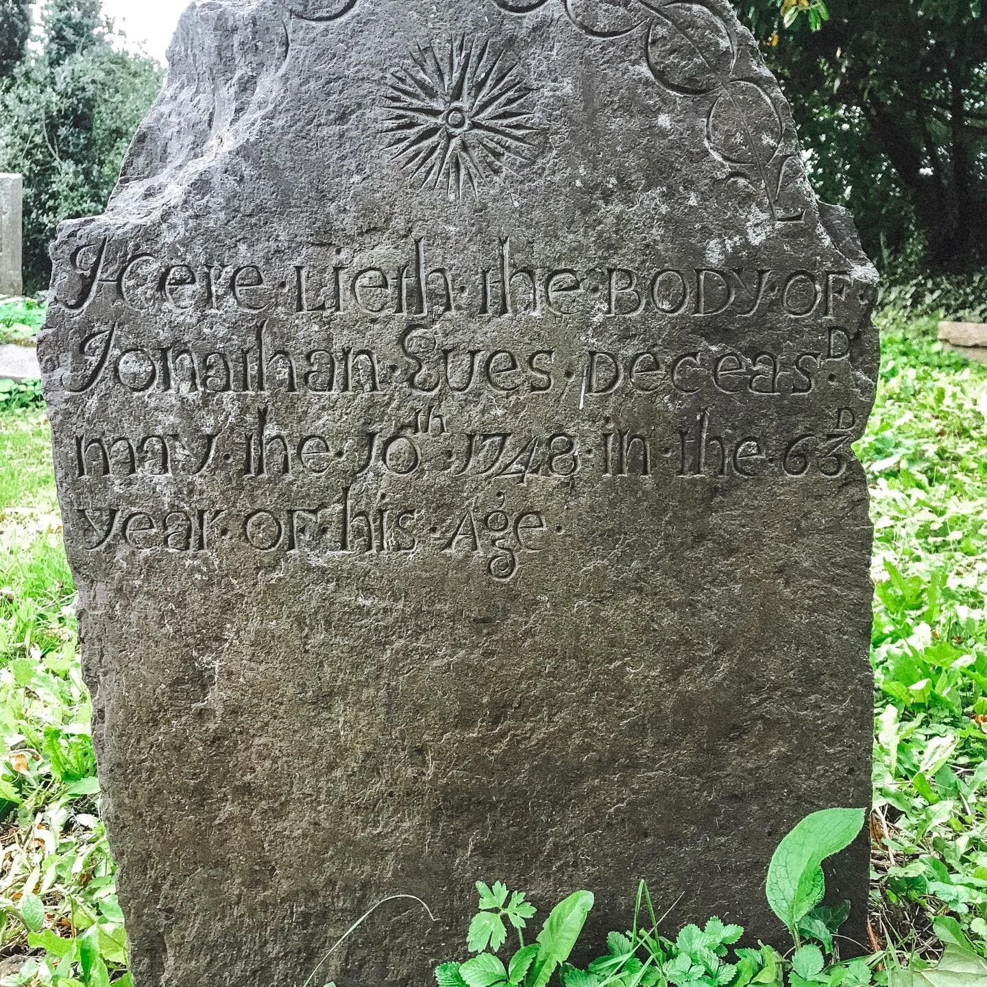 One of the many astonishingly well-preserved and ornate 18th century headstones in the Old Burial Ground, Delgany. The memorial inscription records the date of death of one Jonathan Eves (c.1686-1748). I can&rsquo;t believe it has been more than 10 y