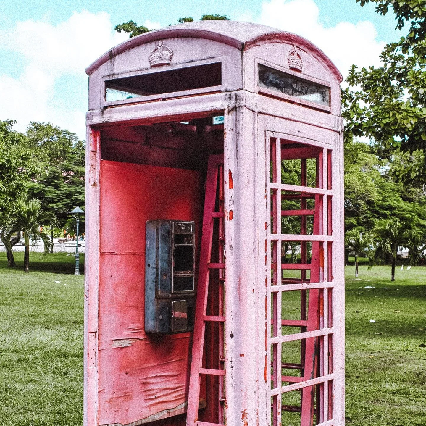 Phone box at Independence Square (formerly Pall Mall Square), a reminder of St. Kitts&rsquo; colonial past at the corner of what was once Basseterre&rsquo;s slave market