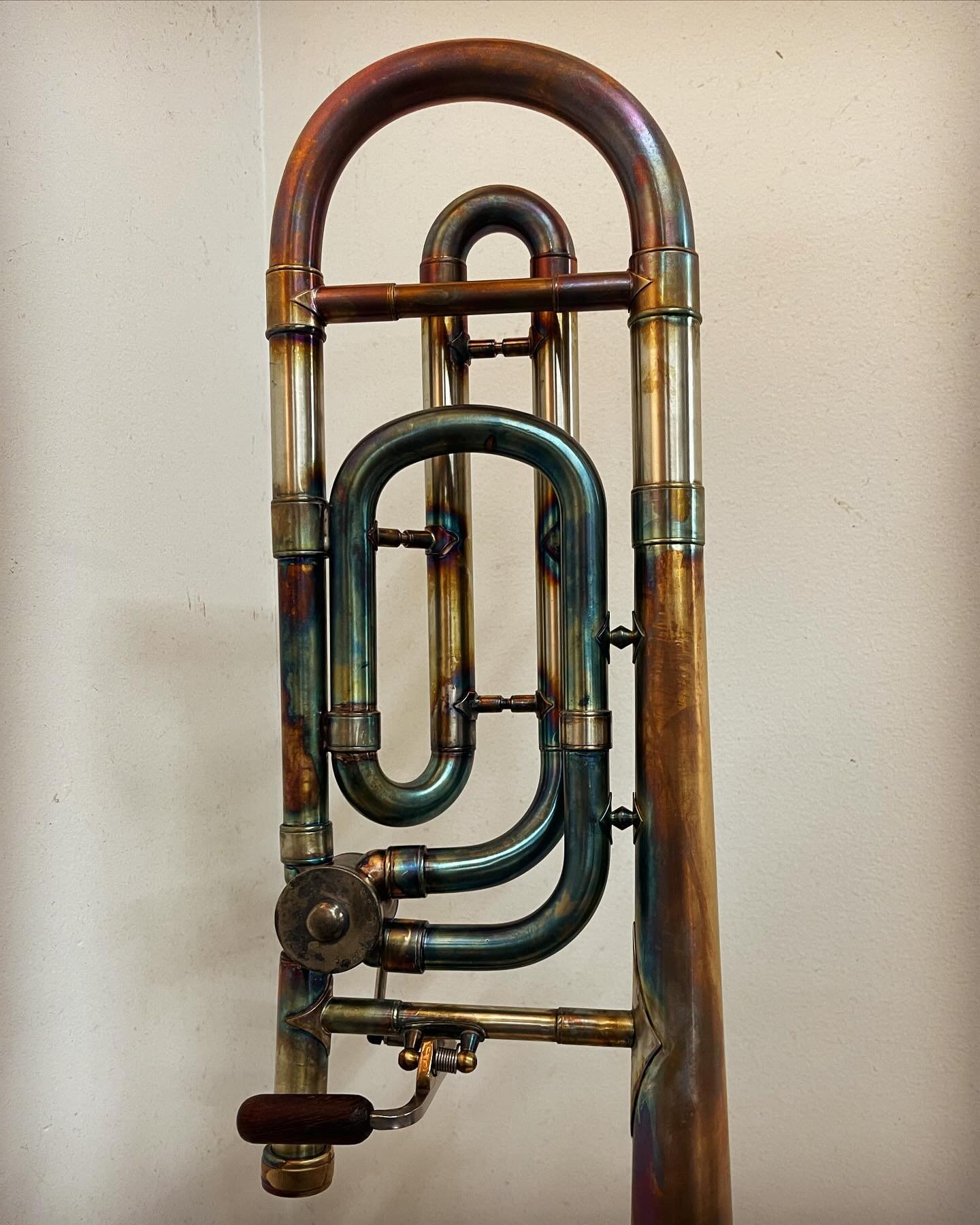Part 2 - the matching trombone. @raymondjamesmason 

#SweeneyBrass
#keepitsimple 
#strip 
#quality
#shopcat
#custom
#patina
#trombone 
#basstrombone 
#doneright 
#modification
#rebuild
#custom
#refurbish
#flugabone
#tuba
#trombone
#euphonium
#tarnish