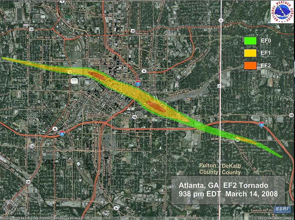 Source: NOAA Part of Oakland Cemetery is located just where the right orange (EF2) spot is The EF2 designation means: "Considerable damage. Roofs torn off well-constructed houses; foundations of frame homes shifted; mobile homes completely destroyed; large trees snapped or uprooted; light-object missiles generated; cars lifted off ground."