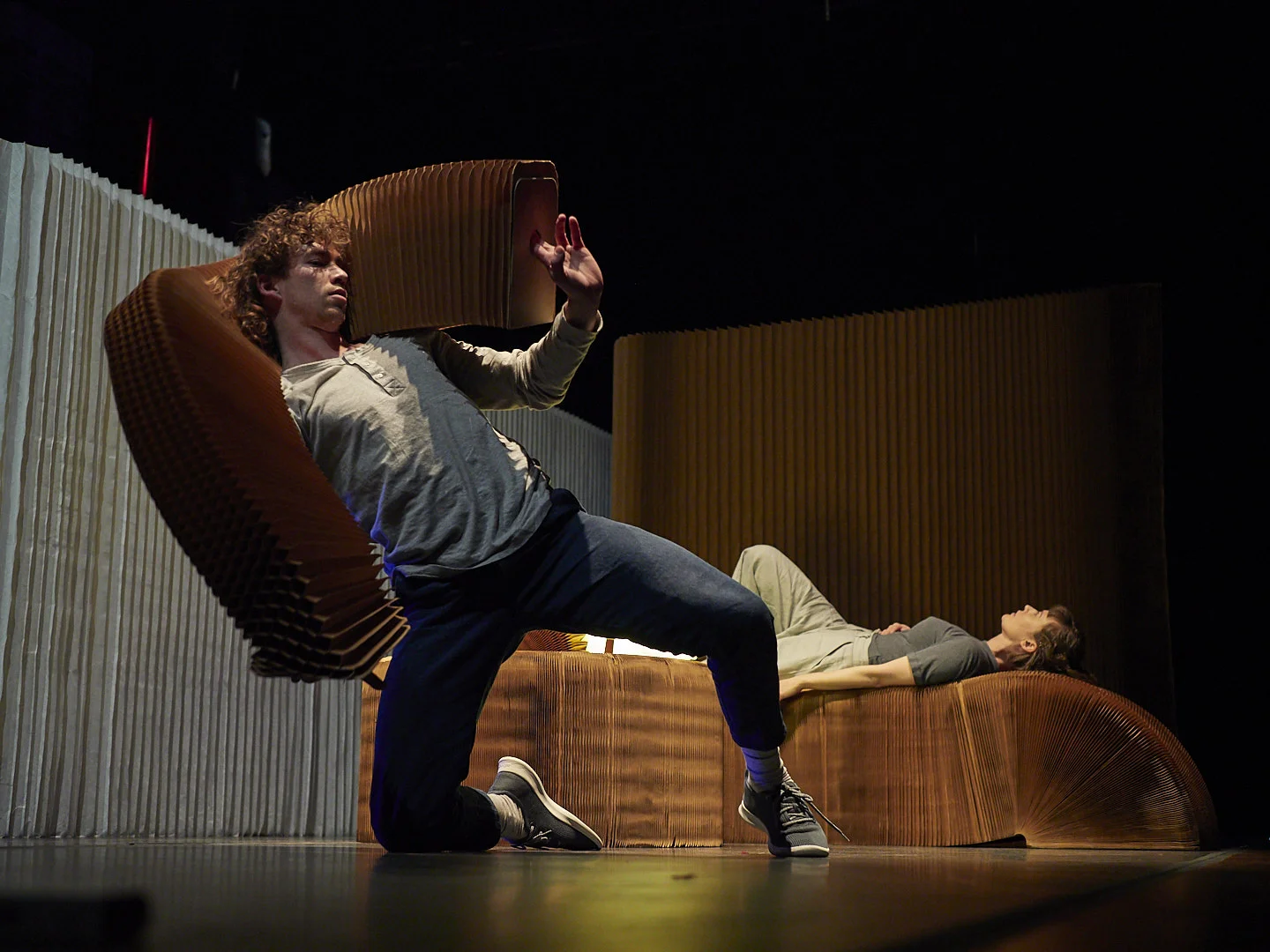 “The sculptural forms punctuate both space and movement, provoking our imaginations. The successful integration of these multiple elements is a credit to Alison Currie, and all the creative team who assisted in the development and realisation of this performance. The dancers performed an energetic and dynamic experience of contemporary theatre that pushes the boundaries of dance.” Watts, P Broadway World 19 May 2018 Image credit Sam Roberts dancers Harrison Ritchie-Jones and Alison Currie