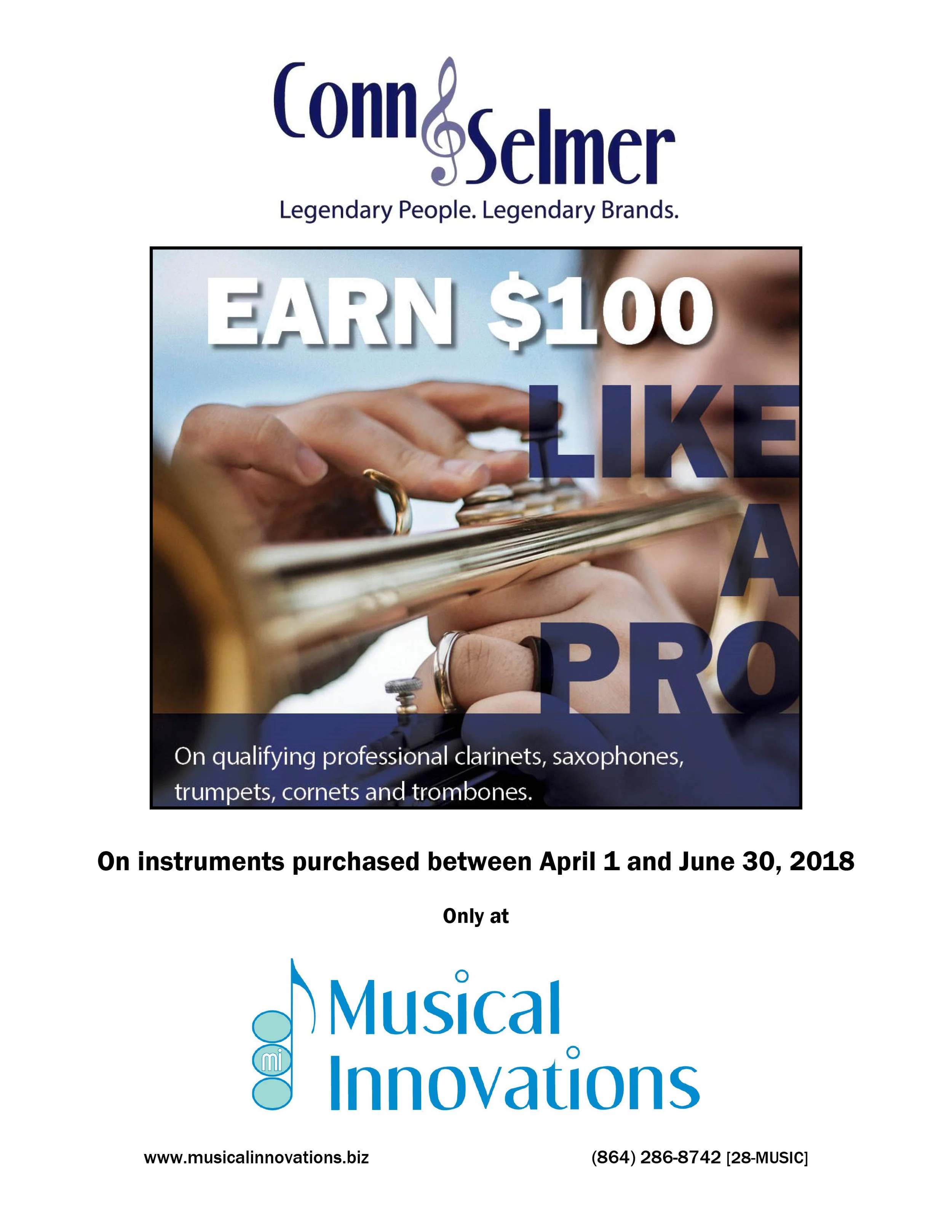 Get $100 back on qualifying professional clarinets, saxophones, trumpets, cornets and trombones. 