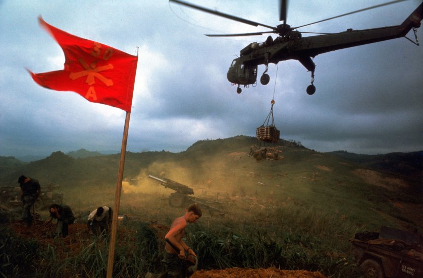 An American 1st Air Cavalry helicopter airlifts supplies into a Marine outpost during Operation Pegasus in Vietnam in 1968..jpg