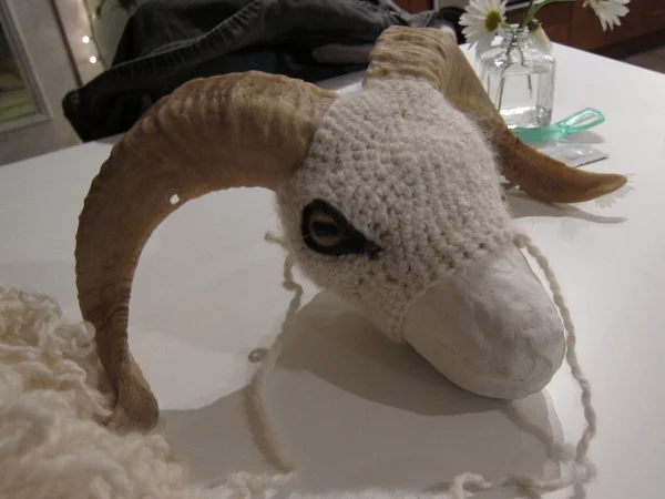   Sheephead crochet taxidermy (unfinished). sheep skull, paper clay, yarn, 2012  
