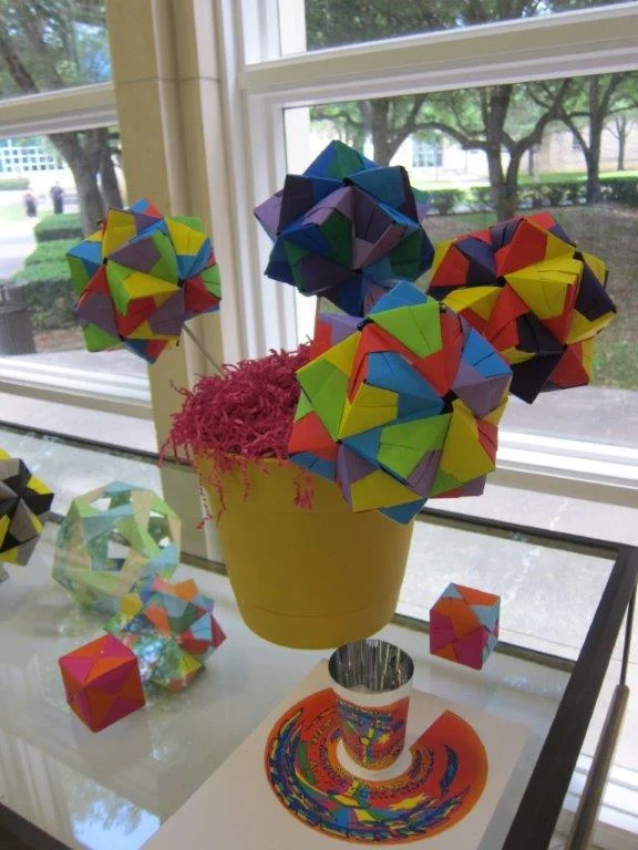 Stellated platonic solid origami, cylinder anamorphisms