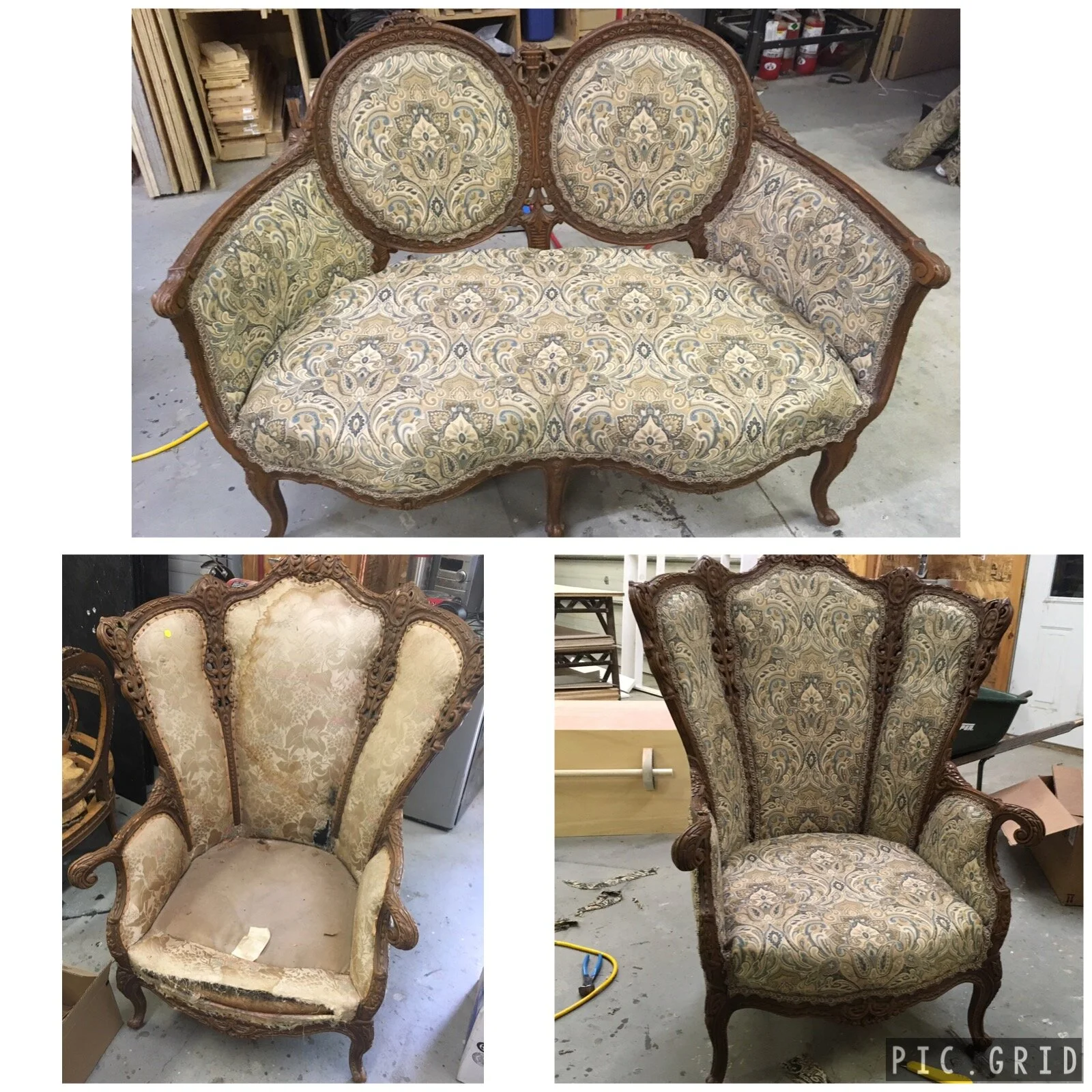 Reupholstered chair and sofa