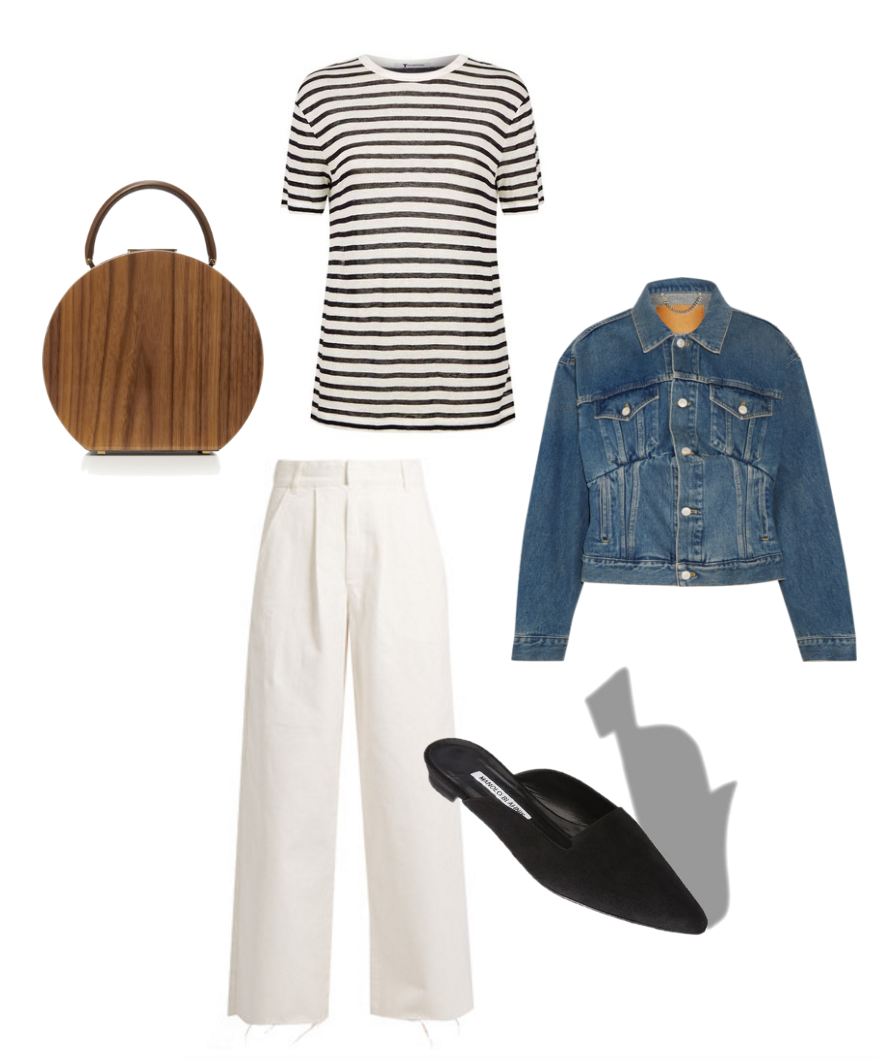 T by Alexander Wang tee, Raey denim, Balenciaga denim jacket, Manolo Blahnik mules and BUwood bag.