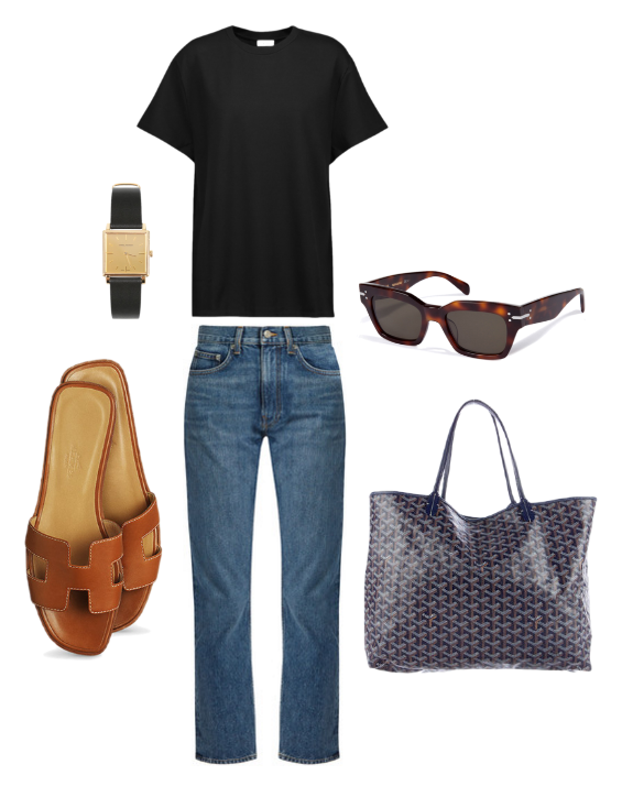 Toteme tee, Brock Collection denim, Celine sunglasses, Goyard tote, Hermes slides