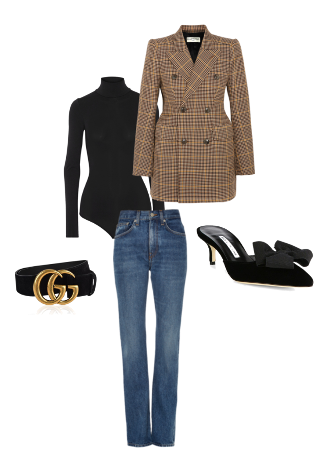 Balenciaga blazer, Brock Collection high-rise jeans, Theory bodysuit, Manolo Blahnik velvet mules and Gucci belt.
