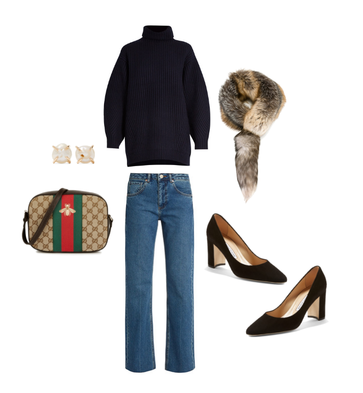 Acne Studios navy sweater, Raey denim, Dolce & Gabbana fur scarf, Manolo Blahnik pumps, Gucci cross-body and Melissa Joy Manning pearl earrings.