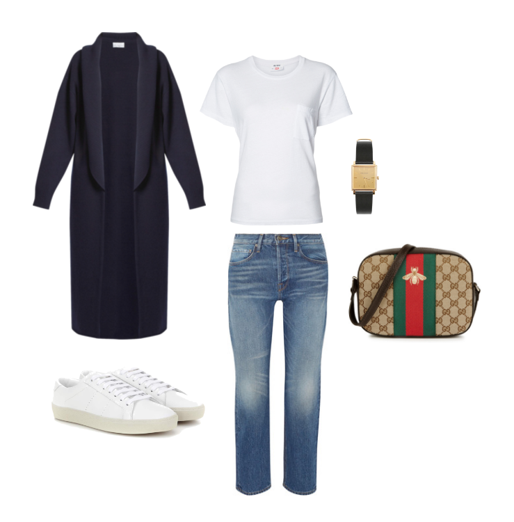 Raey cardigan, Levi's Re/Done tee, Frame denim, Isabel Marant watch, Gucci cross-body and Saint Laurent sneakers.