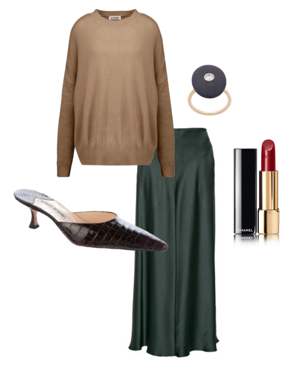 Jil Sander cashmere sweater, The Row midi skirt, Manolo Blahnik mules, CVC ring and Chanel lipstick.