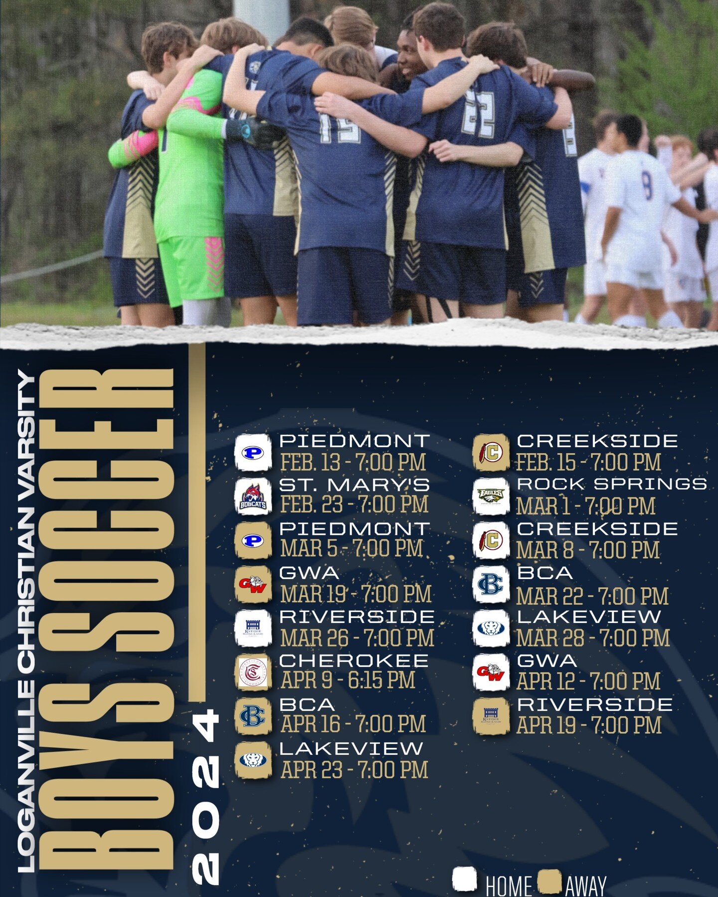 ⚽️Varsity Boys Soccer takes the field next Tuesday, February 13th in a home opener vs. Piedmont Academy! Check out the full season schedule pictured above.