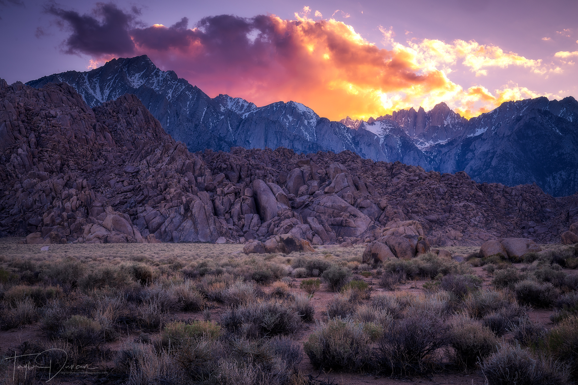 The sky put on a show above Lone Pine Peak & Mt. Whitney during sunset in the Alabama Hills.