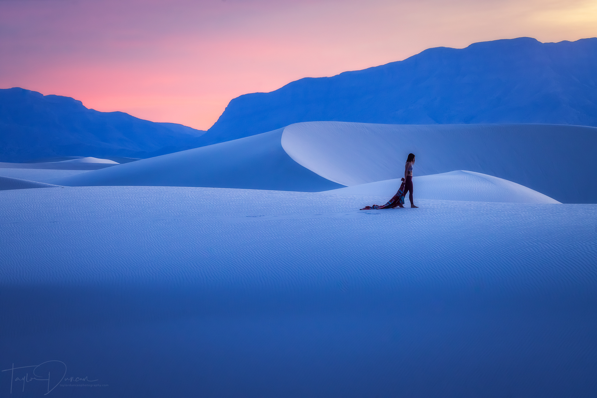Notice the changed color of the dunes as the sunset fades