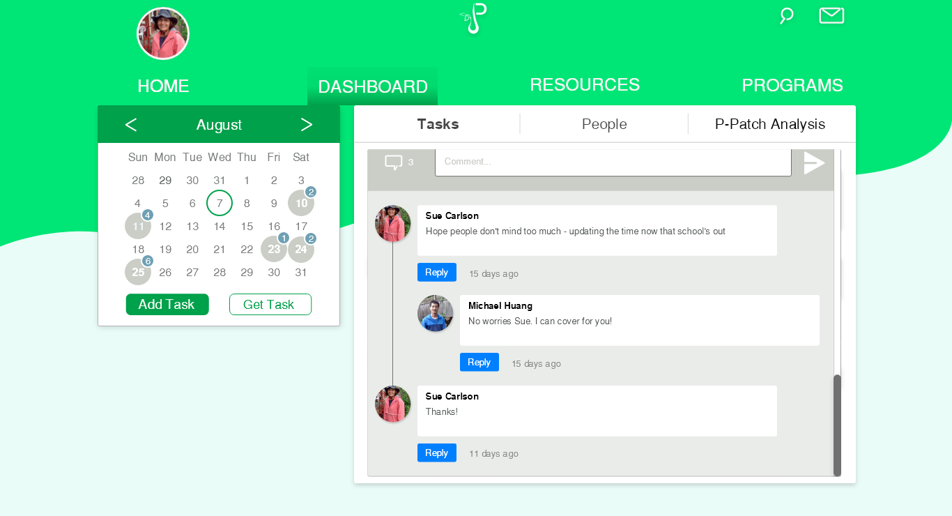 22 Web 1366 x 768 – Dashboard - Tasks – To Do-In Progress - Open - Complete - Opened – Opening card of Gather in Giving Garden -Open Comment Button Sc.png