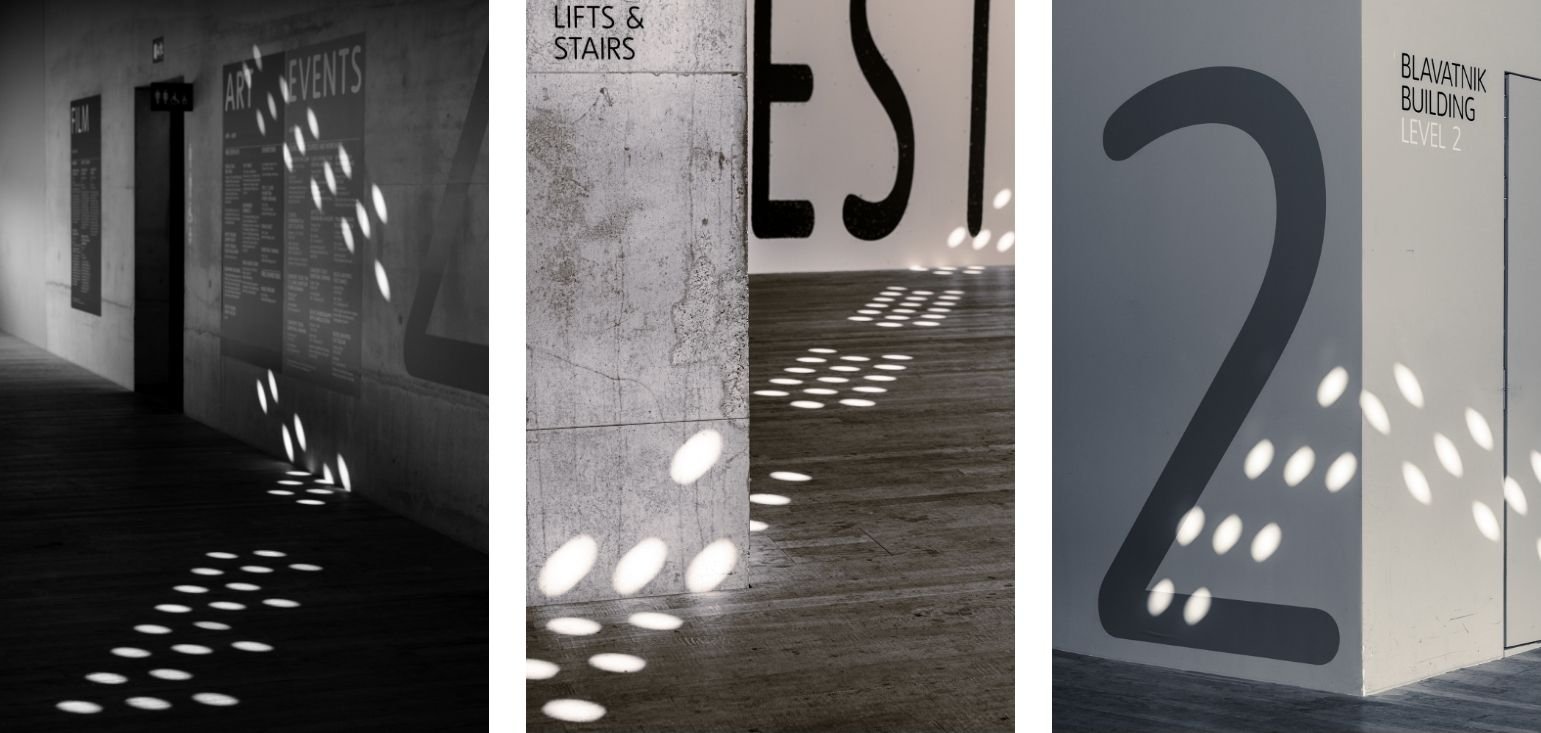 Triptych of 3 photographs of the interior at Tate Modern, showing the play of light through the punctured brick walls. 