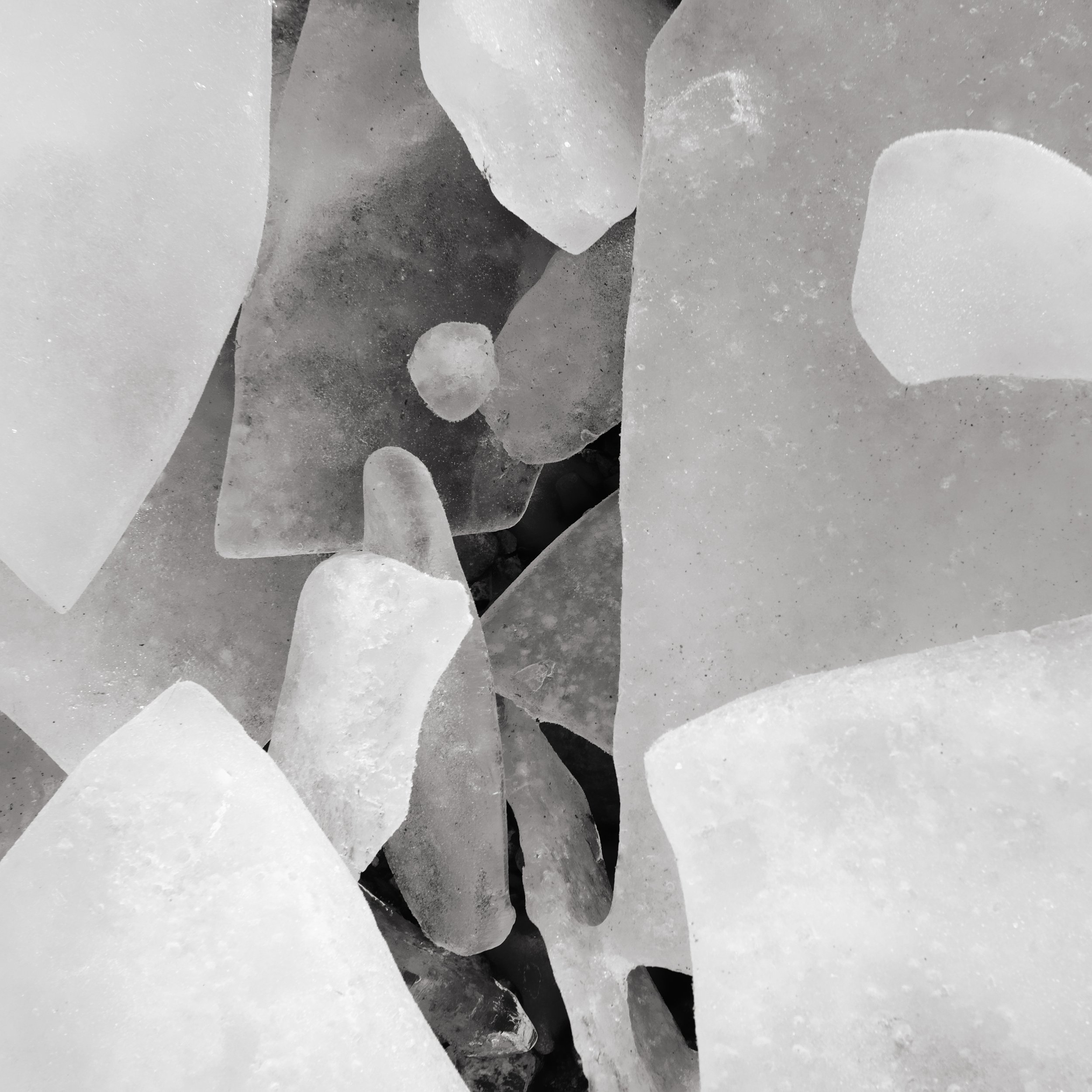 River ice, River Sligachan. Ice in the tidal reaches of the river, stranded as the tide recedes, creating a jumbled mass of fractured blocks. The river is a well known location on the Isle of Skye, Scotland.