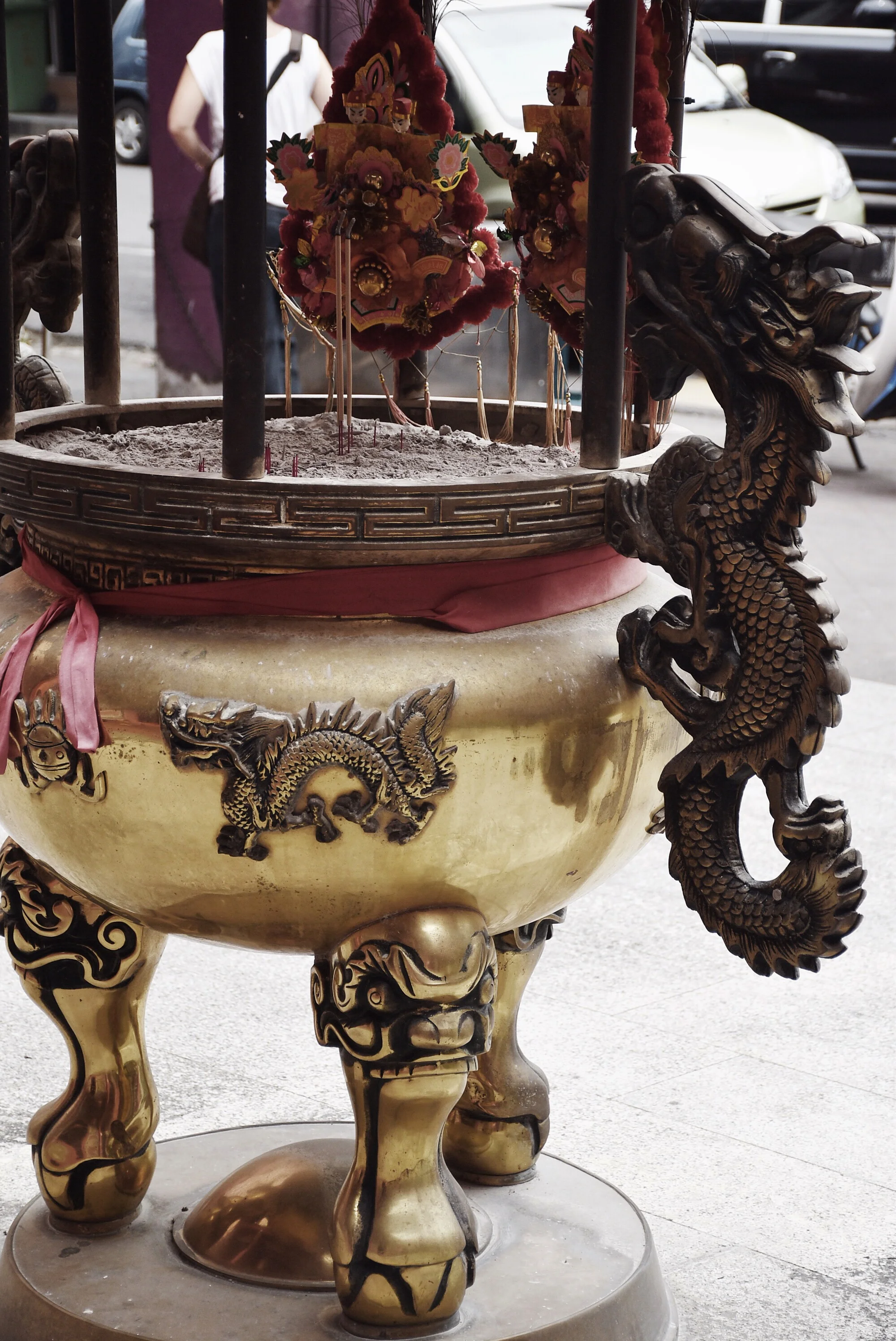 joss sticks urn in front of the Hiang Thian Siang Ti Temple, a Teochew temple off Carpenter Street, Kuching Sarawak.