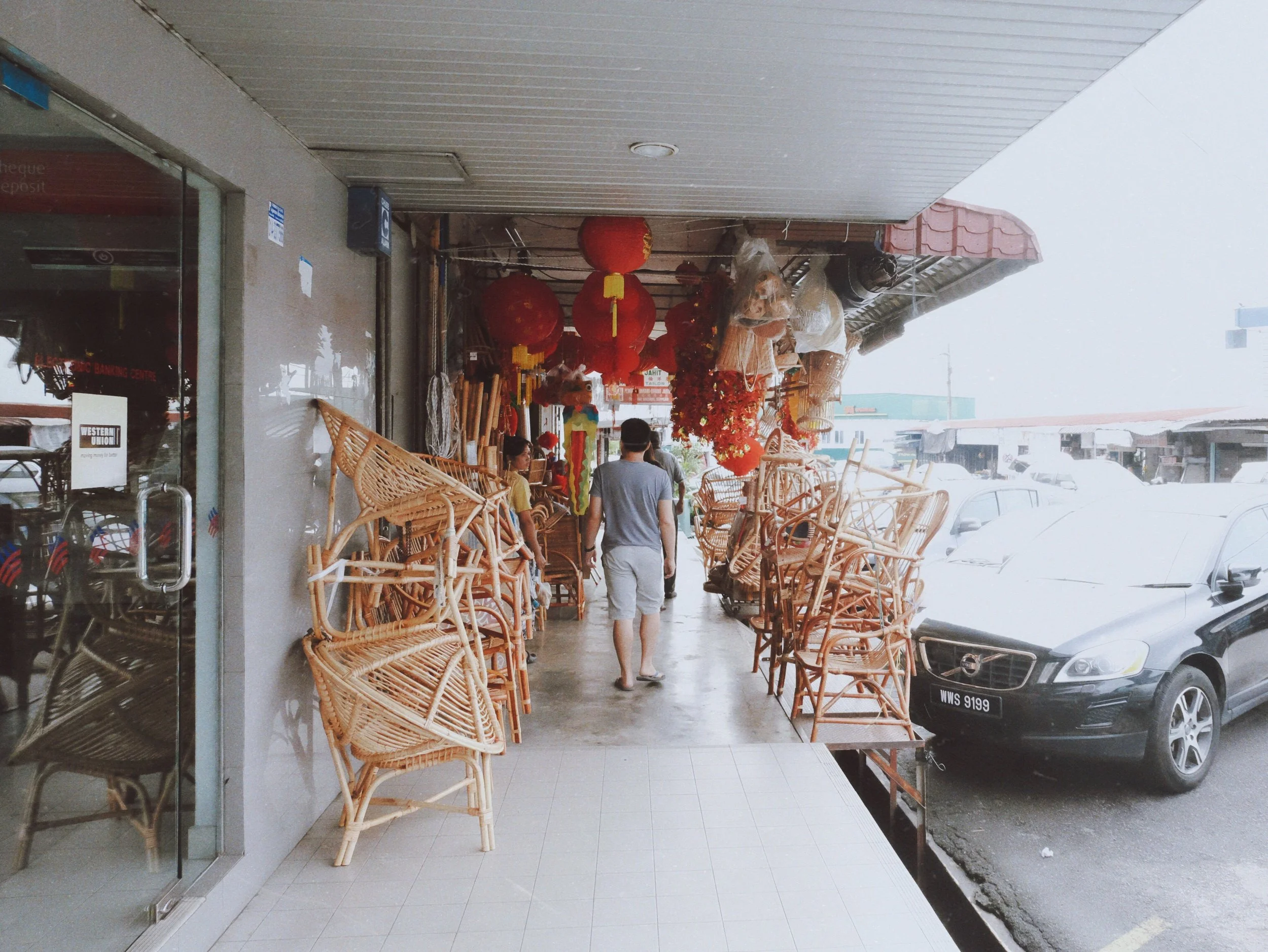 a store selling traditional rattan chairs. 