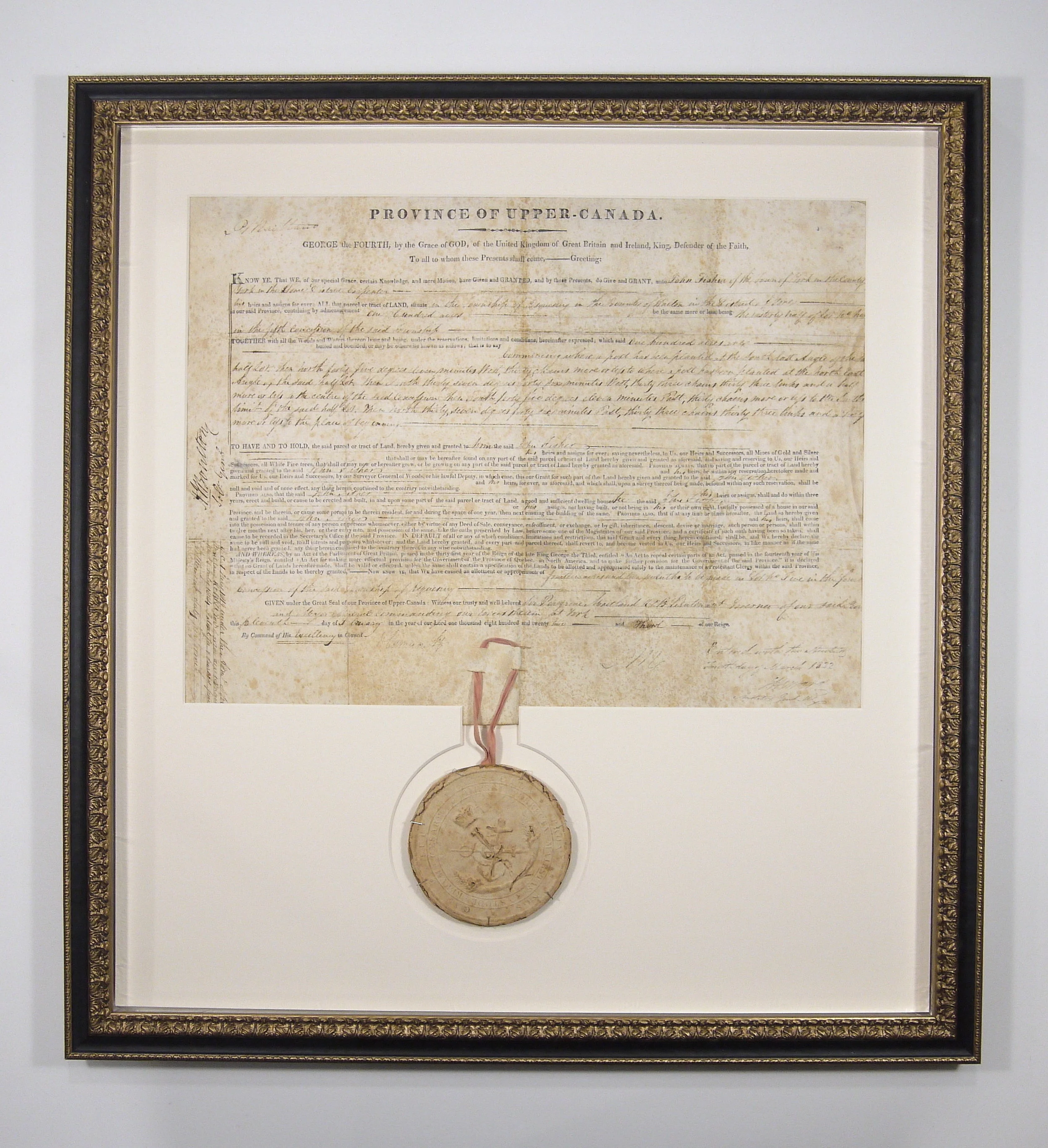 Land Deed, Parchment Document with wax seal - After Conservation treatment and framing