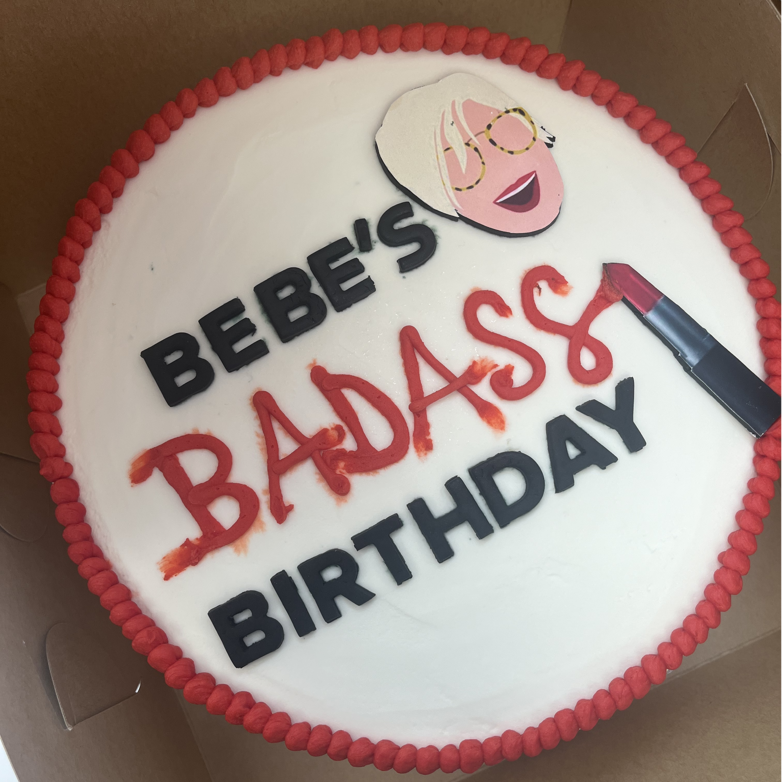 Bebe's Badass Birthday Cake with Logo