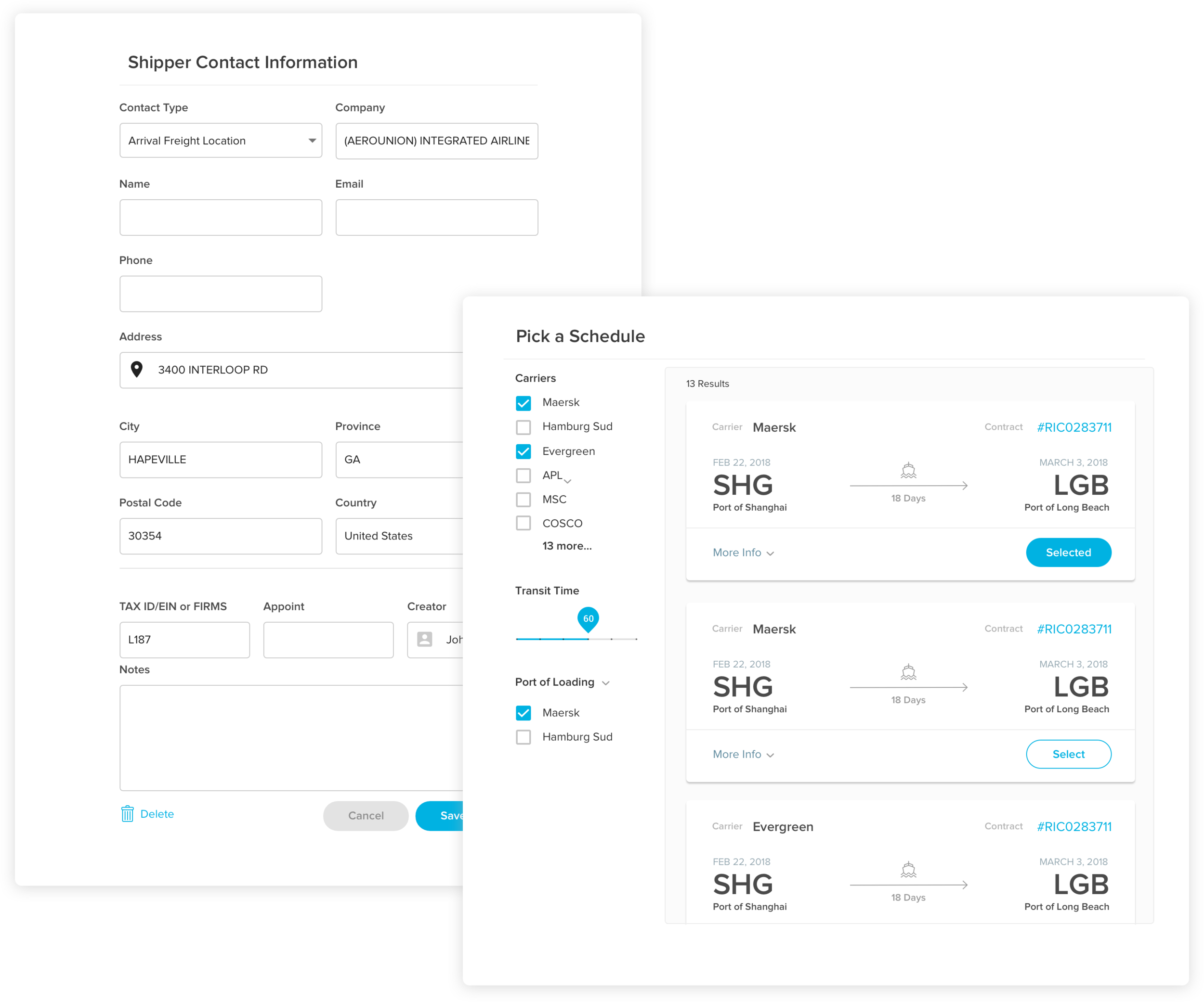 View of contact modal, View of schedule picking modal