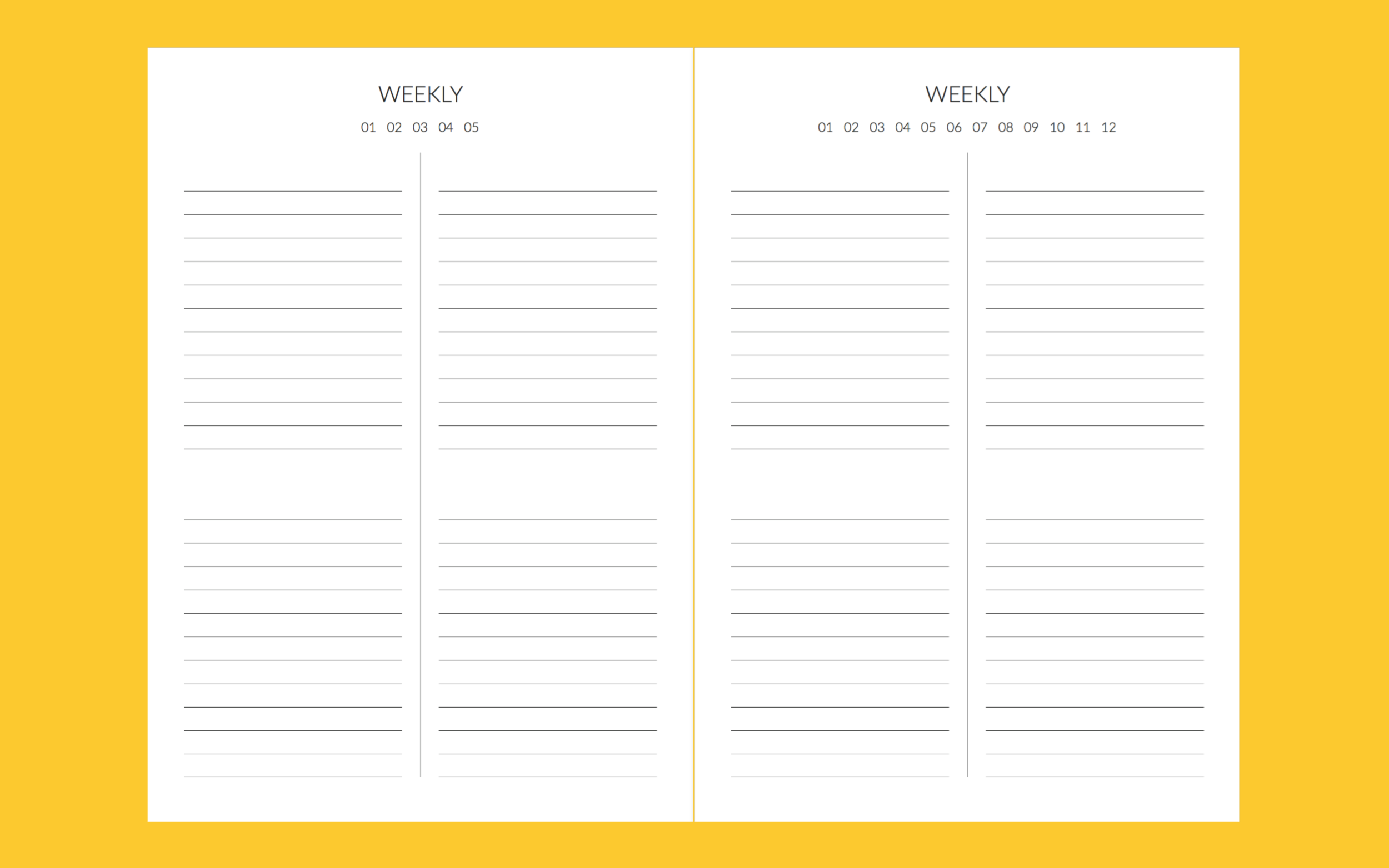 These have no days and dates on them because should you have nothing for the week, you don't waste a spread. And if you need 2 spreads for the week, you can do that too. Mark out the week of the month on the top left page, and the month on the top r