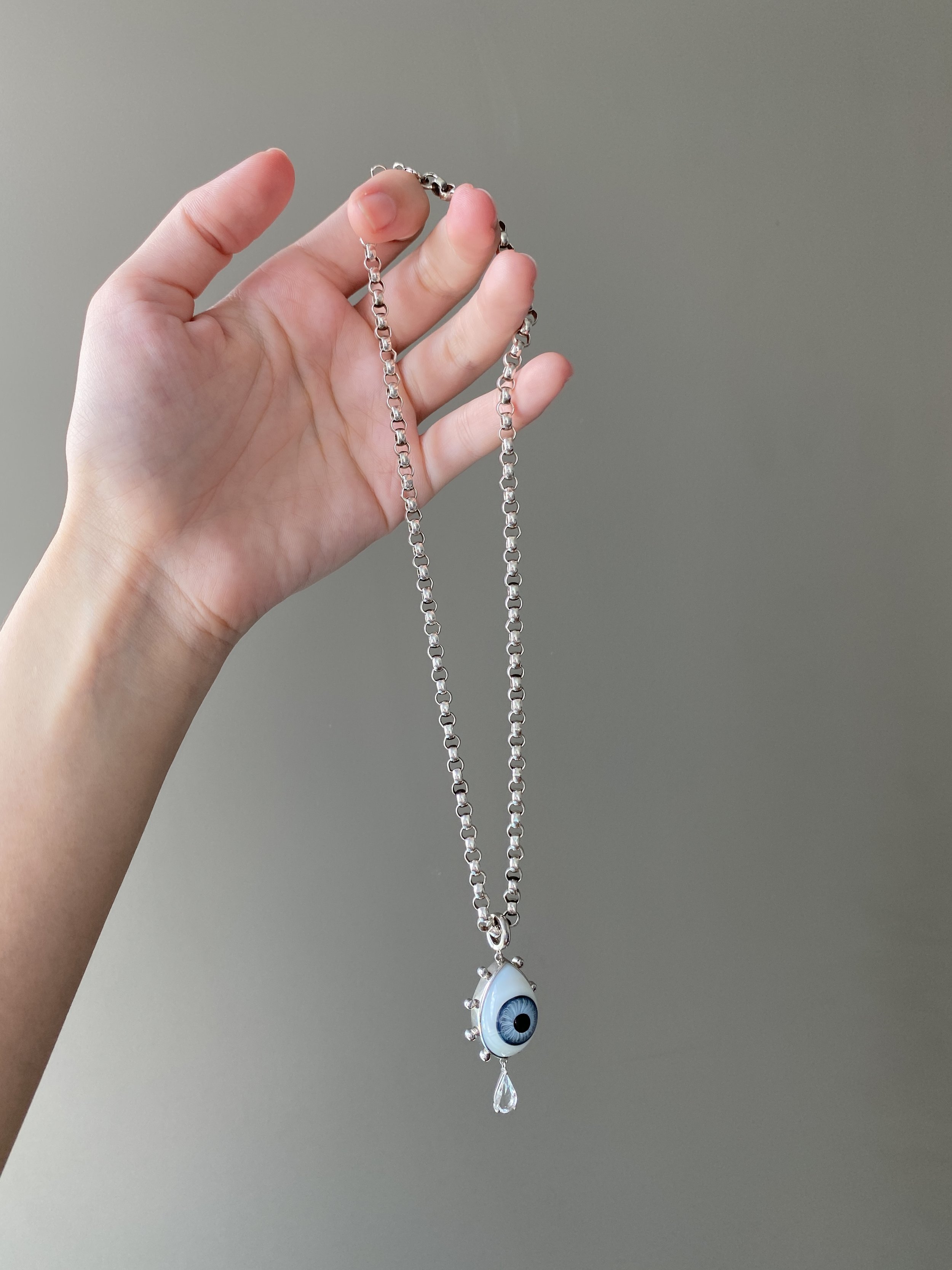 vintage glass eye and drop pendant with spinels in silver 2.JPG