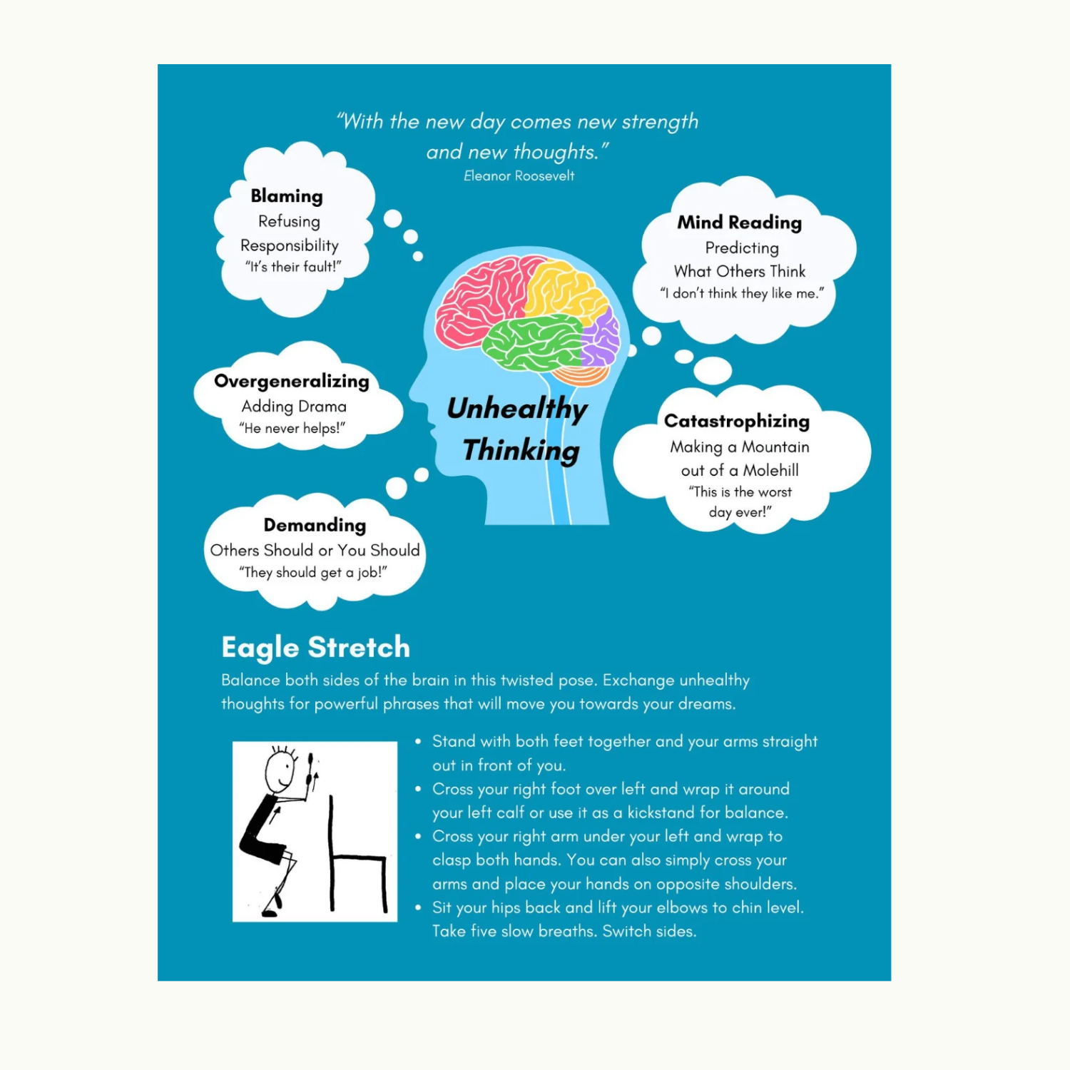 Self-Built Teens educational graphic illustrating unhealthy thinking patterns, brain awareness, and an Eagle Stretch movement activity.
