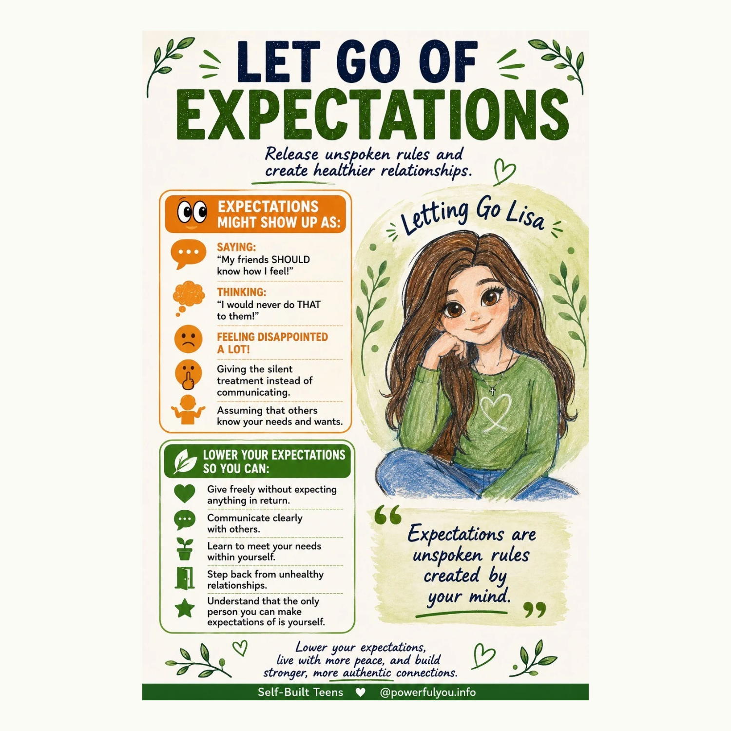 Powerful You Self-Built Teens poster, Let Go of Expectations, featuring Letting Go Lisa and tips for managing expectations.