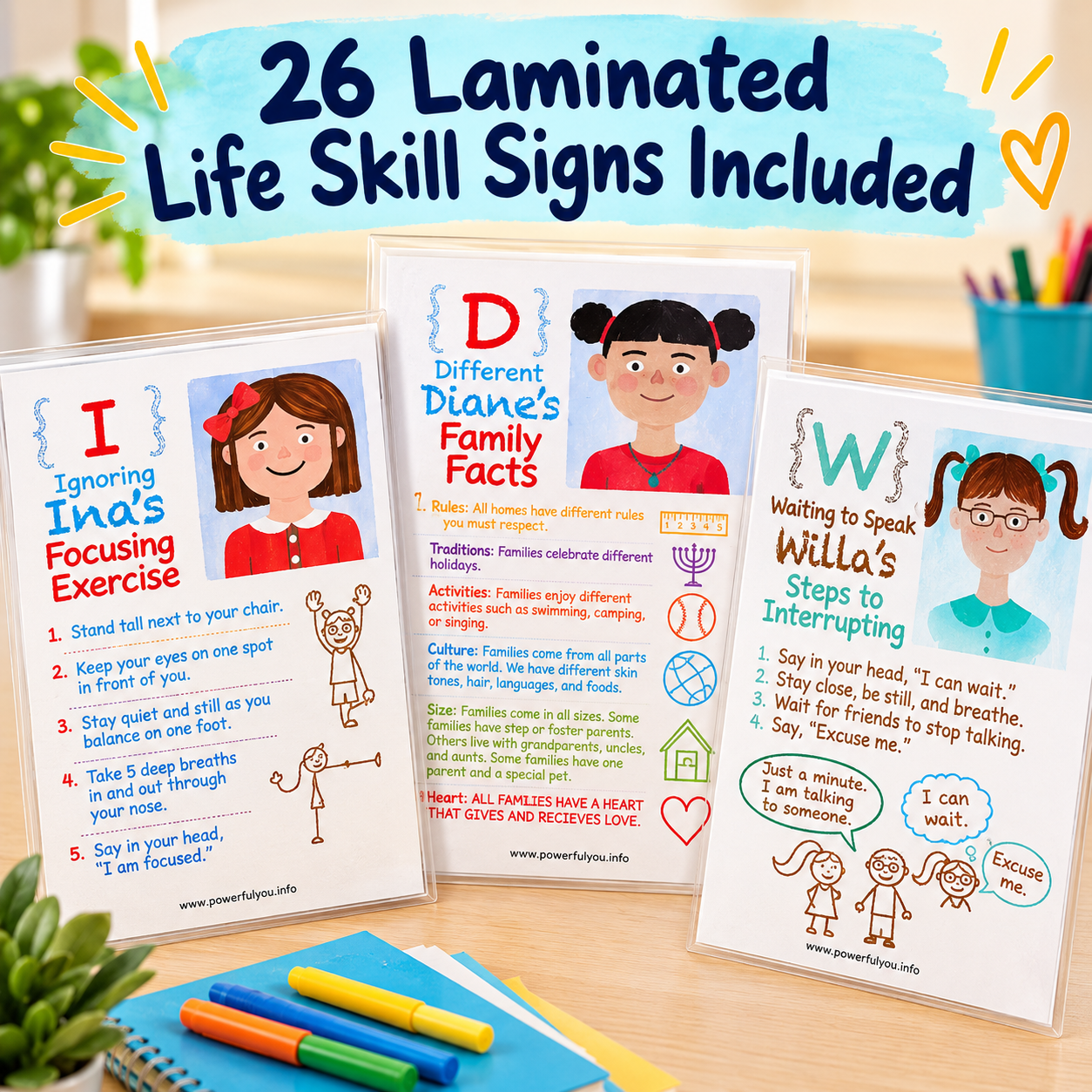 Three Powerful You laminated life skill signs featuring social-emotional learning activities for kindergarten and first grade