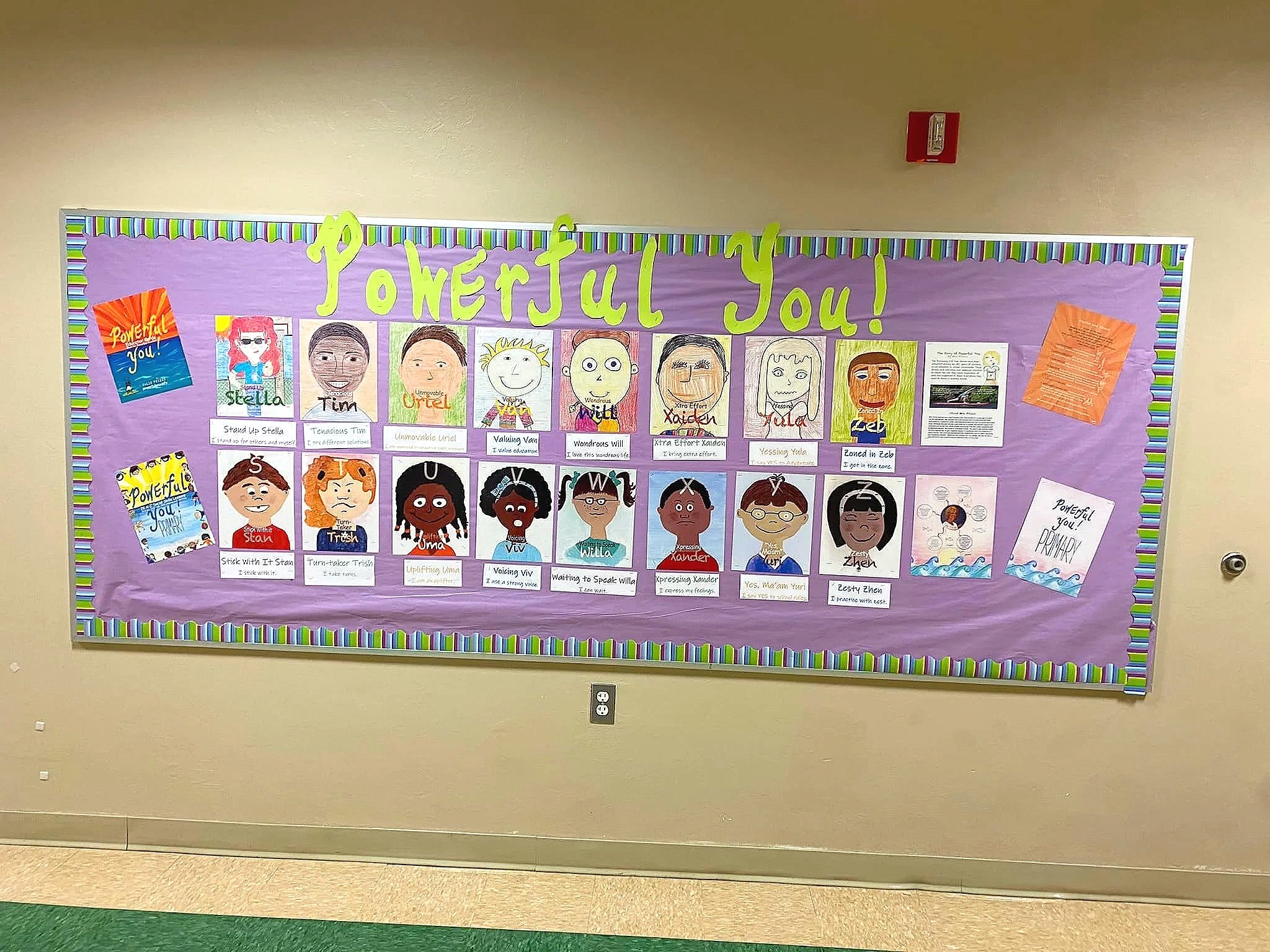 Powerful You classroom bulletin board displaying children's life skills characters and positive self-talk