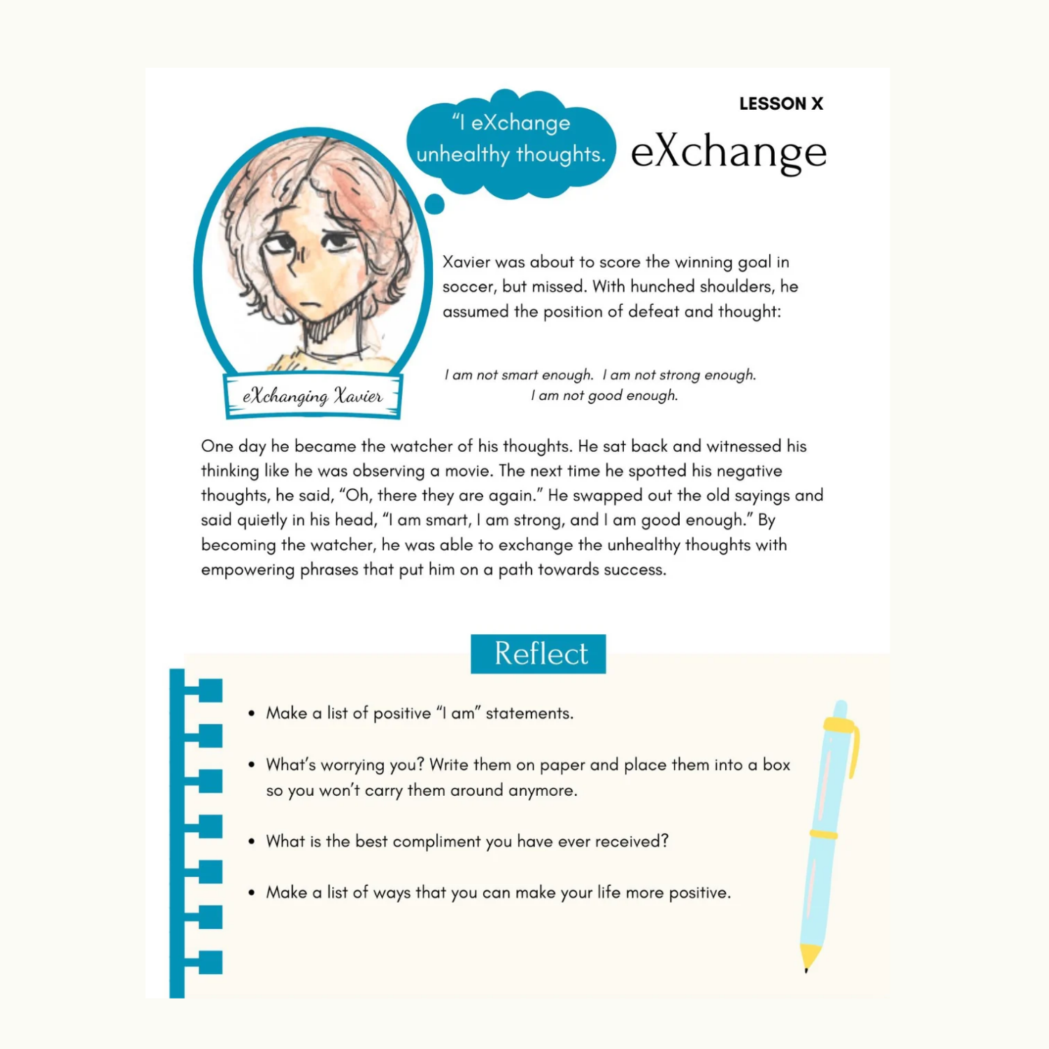 Inside page of the Powerful You Self-Built Teens workbook featuring the eXchange lesson, a short story, and reflection questions.