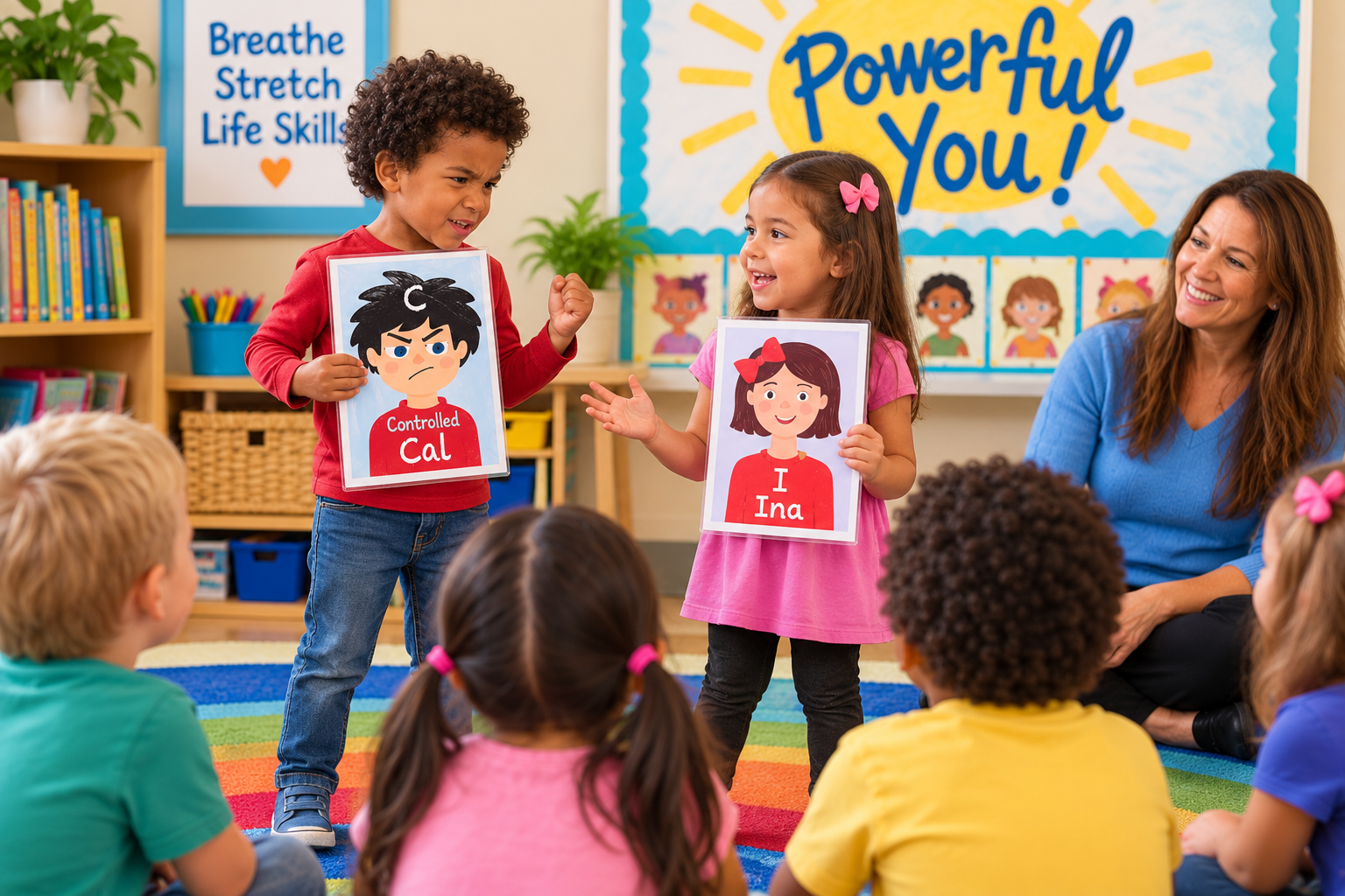 Two kindergarten children role-playing social-emotional skills with Powerful You character cards