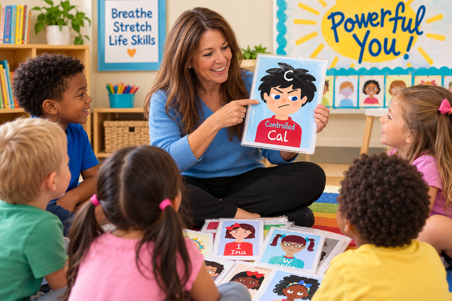 Teacher showing Powerful You SEL character card to kindergarten students