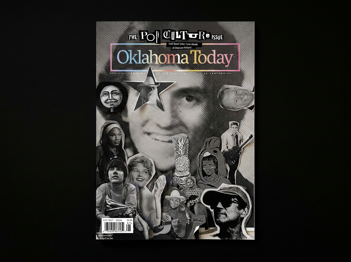 An Oklahoma Today magazine cover featuring cut-out old photographs layered on top of each other. It reads "The Pop Culture Issue with Guest Editor Tyson Meade of the Chainsaw Kittens"
