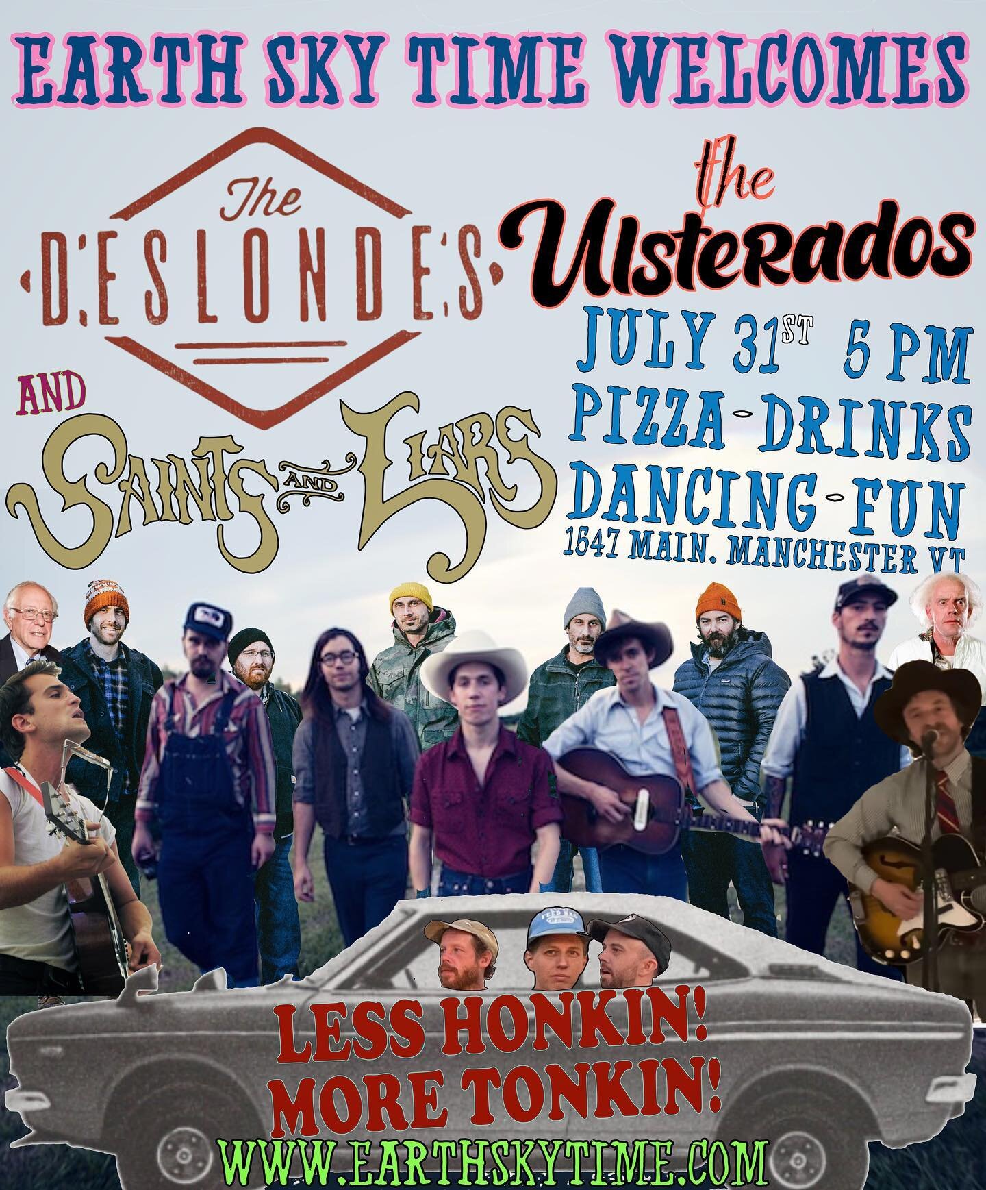 Super special show coming up on 7/31!!
Honky tonk headliners @thedeslondes
Local legends @saintsandliarsmusic 
And the Ulsterados, the all star country western brainchild of members of @spiritfamilyreunion @horseeyedmen and @mailthehorse
Come on time