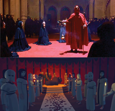 Fig 2. Comparative shots of cult/ritual scenes in Eyes Wide Shut (top) and Virginia (bottom).