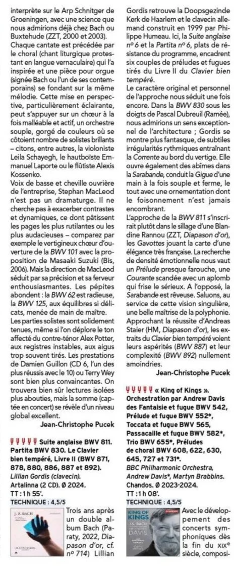 5 Diapasons for J.S. Bach: Partita no. 6, English Suite no. 6, 6 Preludes &amp; Fugues | Diapason