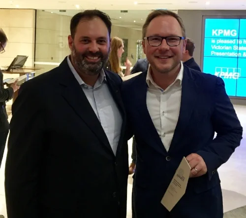 Gooroo CEO, Greg Muller (right) with Victorian Minister for Small Business, Innovation and Trade, the Hon. Philip Dalidakis MLC.