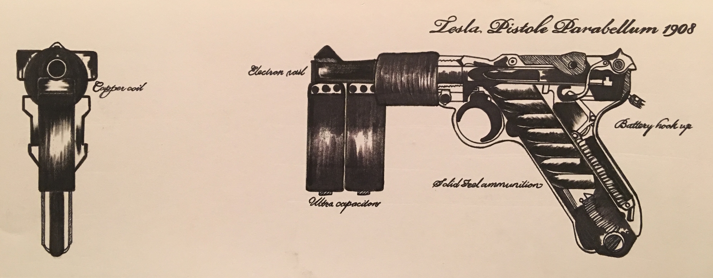 Tesla Pistole Parabellum 1908 Steampunk