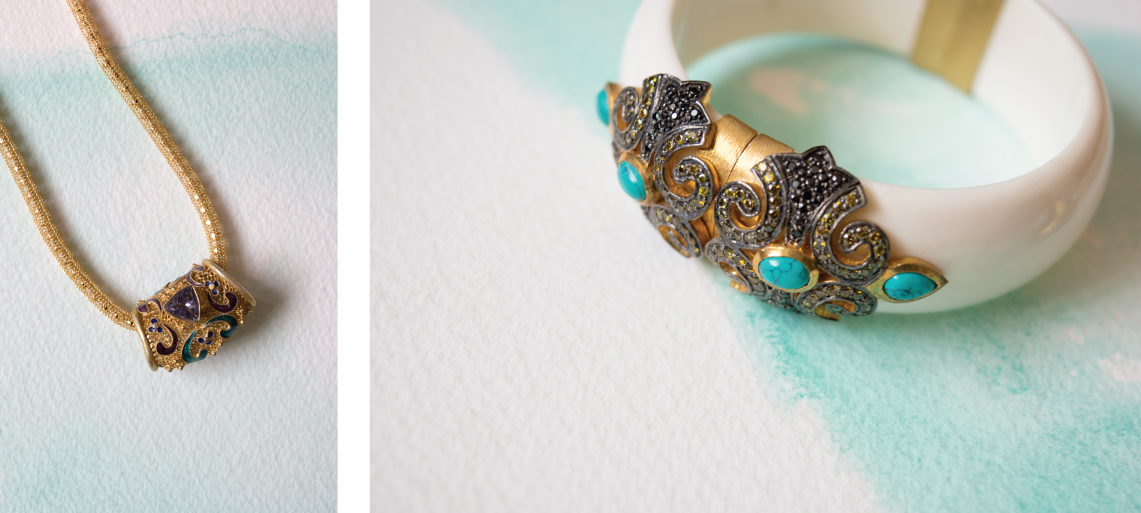 Georgeous gold necklace and one-of-a-kind turquoise detailed bracelet from Jewels of Jaipur, from The Gilded Lily Home in Wenatchee, WA. 